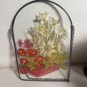 Window Picture, Basket Of Assorted Flowers  Hanging Floral Art 8”x5.5”